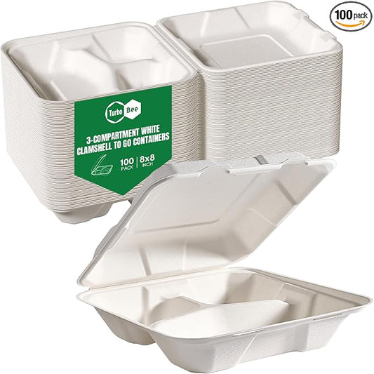 Turbo Bee 100 Pack 8x8inch White 3 Compartment Take Out Containers with Lids, Disposable Clamshell Meal Prep Containers, Divided Lunch Boxes for Catering, Restaurant & Meal Prep by TurboBee