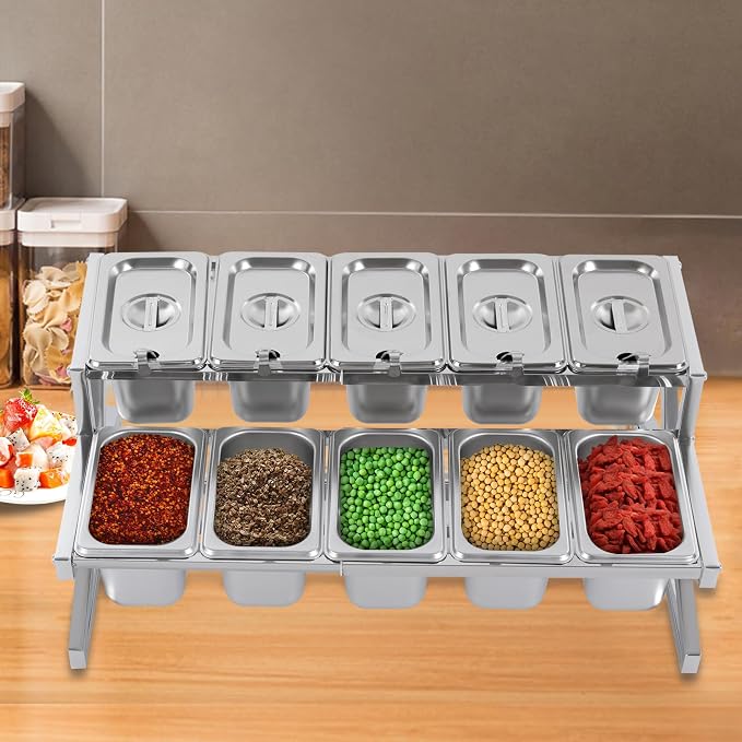 Expandable Stainless Steel Spice Rack Set,14"-25.6" Adjustable Countertop Seasoning Containers, 2-Tier Inclined Organizer Shelf w/ 10 1/9 Pans for Sauce Ingredients Fruits Toppings (10 Pans) - Image 2