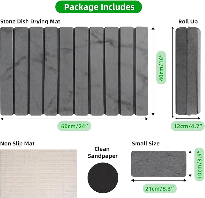 Large Stone Dish Drying Mat for Kitchen Counter, 24"×16" Foldable Quick Drying Mat, Absorbent Diatomaceous Earth Drying Mat for Bottles Cups Dishes, Match Any Countertop (Dark Gray Marble, 24" x 16") - Image 8