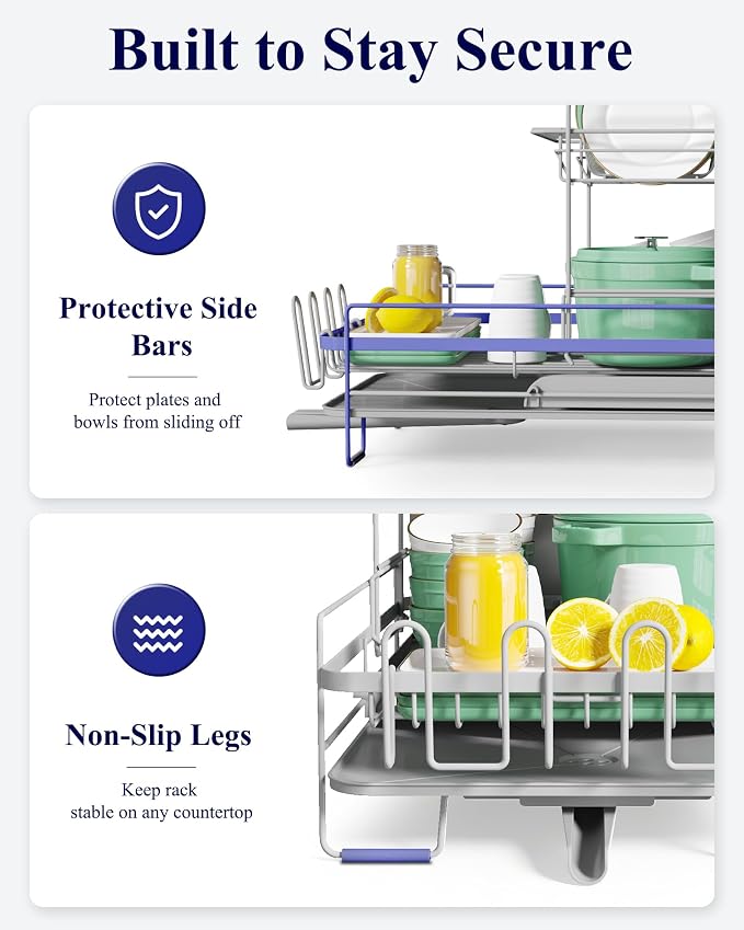 Kitsure Extendable Dish Drying Rack, 19.2"-26.7" L x 12.9" W, 2-Tier | Large Dish Rack, Multifunctional Dish Rack for Kitchen Counter, Anti-Rust Dish Drainers with Cutlery & Cup Holders,Grey - Image 6