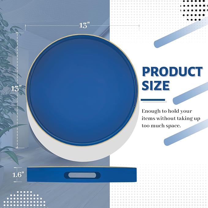 13" Blue Decorative Tray, Plastic Round Serving Tray with Handles | Decorative Tray for Coffee Table, Modern Ottoman Tray, Circle Tea Tray, Round Melamine Tray for Living Room, Bathroom - Image 2