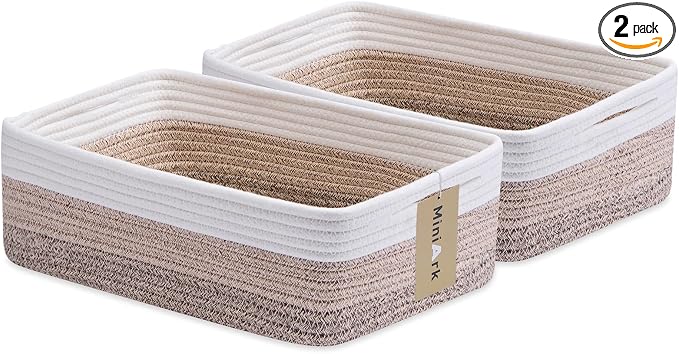 MiniArk Large Shallow Organizing Baskets 15x11x5.1 Inches - Rope Woven Storage Bins for Bathroom, Shelves, Cube Closet, Gradient Brown 2 Packs by MiniArkStorageBasketsHome