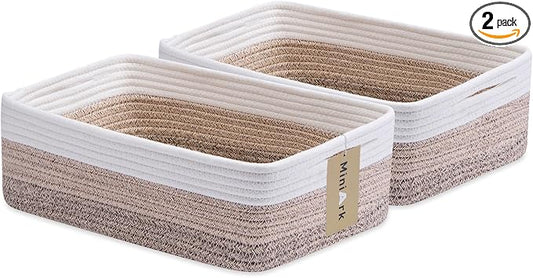 MiniArk Large Shallow Organizing Baskets 15x11x5.1 Inches - Rope Woven Storage Bins for Bathroom, Shelves, Cube Closet, Gradient Brown 2 Packs by MiniArkStorageBasketsHome