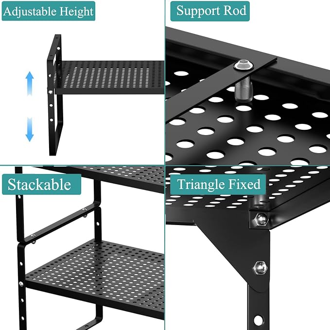 Expandable Kitchen Cabinet Shelf Organizers 3 Pack, Stackable Metal Pantry Storage Shelves Rack, Adjustable Counter Spice Shelf for Cabinets, Countertop, Cupboard Organizers and Storage, Black - Image 7