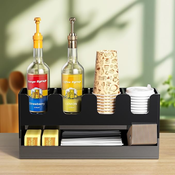 Beego 5-Compartment Cup Holder for Countertop - 2-Tier Black Acrylic Cup Dispenser Coffee Station Paper Cup and Lid Organizer Condiment Storage for Restaurant Breakroom Kitchen Bar Accessories - Image 6