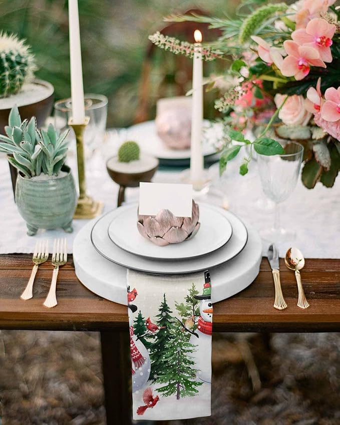 Beige Snowman Christmas Cloth Napkins, Washable and Reusable Dinner Napkins Set of 8, Xmas Tree Snowflake Winter Birds Table Napkin for Kitchen Party Birthday Wedding Hotel Housewarming 20''x20'' - Image 4