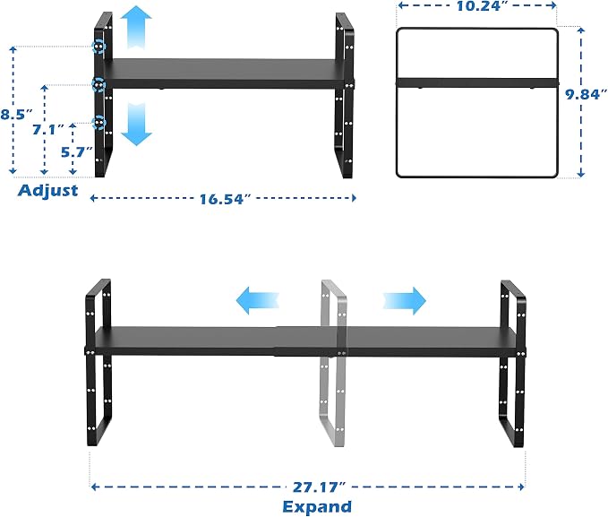 SANNO Expandable Kitchen Shelf Organizers,Adjustable Height Large Stackable Kitchen Cupboard Cabinet, Pantry and Counter Shelf Organizer, Cupboard Stand Spice Rack, Black, 2 Pack - Image 4
