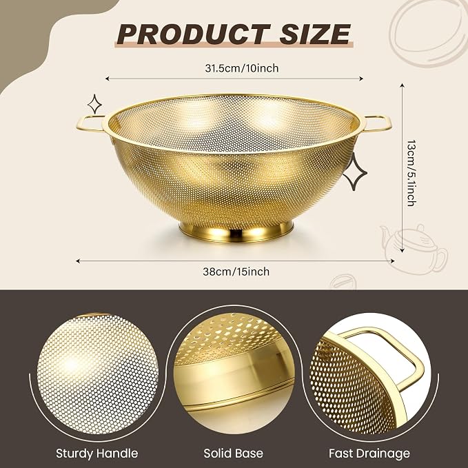 Norme 7 Quart Stainless Steel Gold Colander and 3 Pcs Gold Fine Mesh Strainer, Stainless Steel Pasta Rice Food Metal Strainer with Handles, Easy Clean and Dishwasher Safe - Image 2