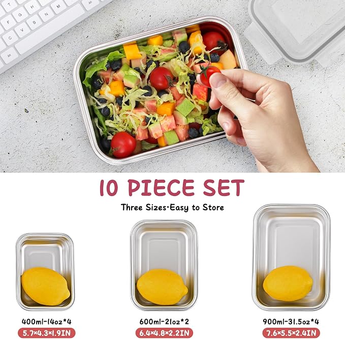 Cykorxicc 10 PC Square 304 Stainless Steel Food Containers with Lids, Airtight Bento Lunch Box, Metal Meal Prep Food Containers Reusable Stackable | Nestable Oven/Dishwsher/Freezer Safe - Image 2