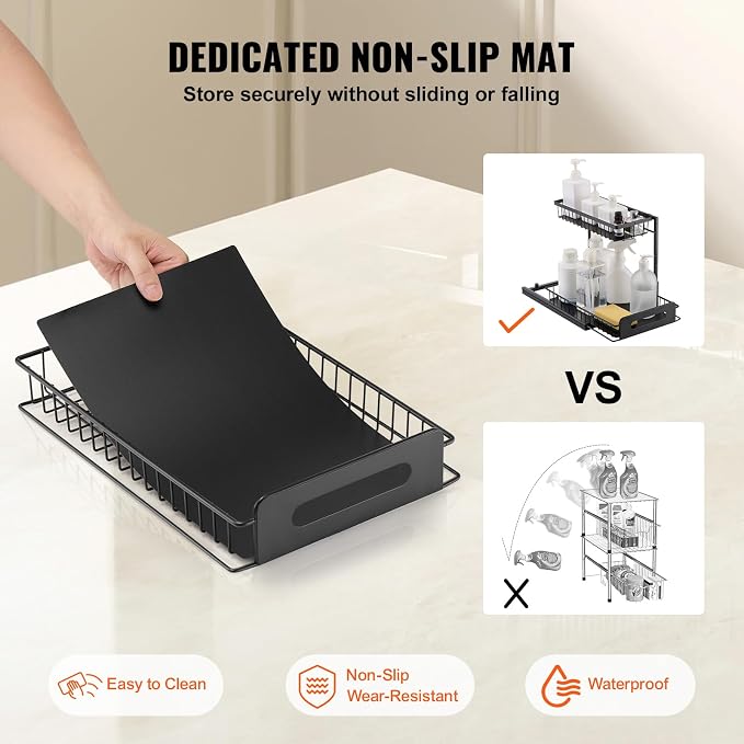 VEVOR Pull Out Cabinet Organizer, 2 Tier Under Sink Organizer and Storage(10.7"W x 14.2"D ), Slide Out Drawer Cabinet Organizer, Wire Basket Sliding Shelf for Kitchen Bathroom Cabinet, Black (2 Pack) - Image 4