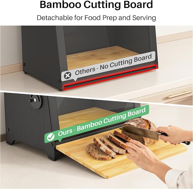 SNTD Bread Box for Kitchen Countertop, Bamboo Cutting Board, 1 Tier, Black | Adjustable Vent Hole, Airtight Design, Natural Wood, Magnetic See-through Door, Metal Frame, Homemade Bread Storage Container - Image 6