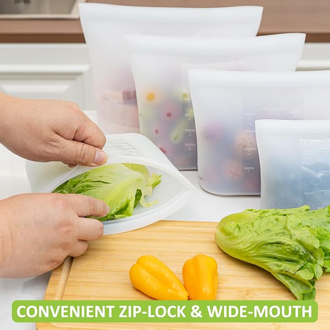 100% Silicone Reusable Storage Bag Quart Size, 6 Pack Stand-Up Wide-Mouth Zip-Lock Food Storage Bags, Easy-Fill Easy-Open Easy-Clean Space-Saving, Microwave & Dishwasher Safe, 34oz, Translucent - Image 3
