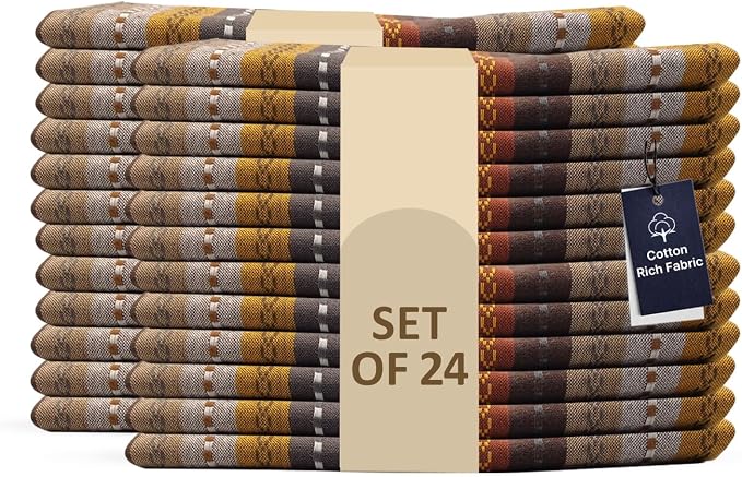 LFH Home Cotton Rich Cloth Salsa Napkin Set of 24 Washable Soft Durable Striped Table Napkins for Dining Wedding, Daily Use Reusable Eco-Friendly Napkins for Elegant Table Settings(18x18)- Brown by LFHHomePrivateLimited