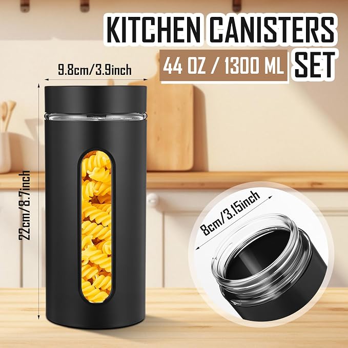 Patelai 6 Pack Kitchen Canisters Set Airtight Stainless Steel Canister Food Storage Container with Window Glass, Coffee Sugar Candy Jars Tea Organizer for Flour Cookies Spice(Black,44 oz) - Image 2