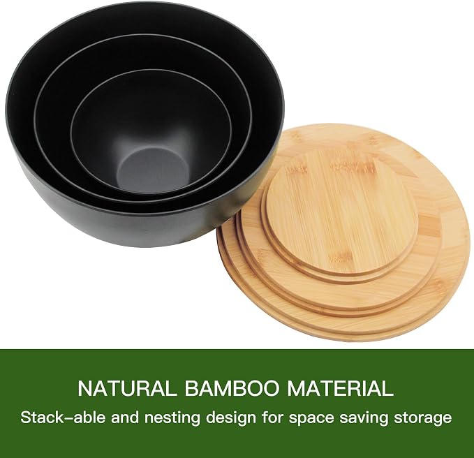 ECOWAY Salad Bowl Set of 3 with Bamboo Wooden Lids, Mixing Bowls Set, Nesting Bowls for Space Saving Storage, Made with Durable Eco-Friendly Bamboo Fiber, Great for Prepping and Serving Food, Black - Image 3
