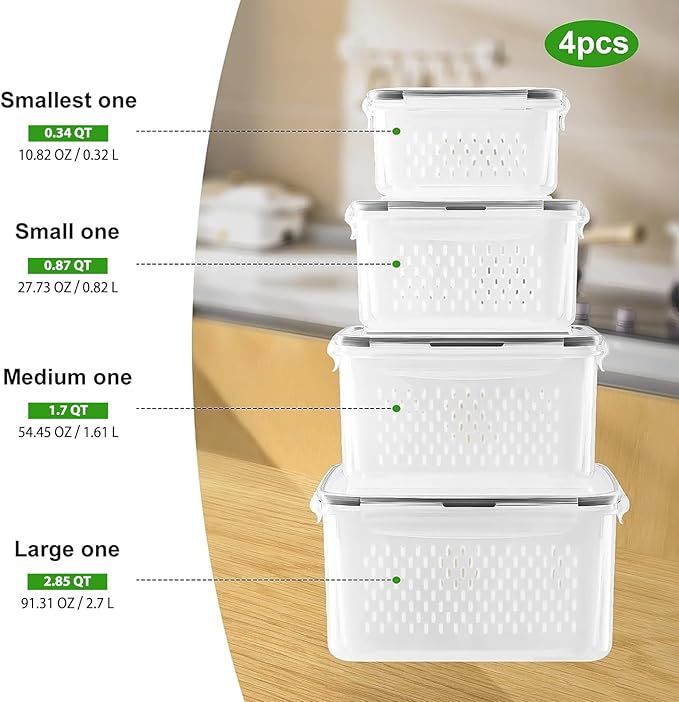 Fruit Storage Containers for Fridge with Removable Colander, Airtight Food Storage Container, Dishwasher Safe Produce Saver for Refrigerator, Keep Berry Fruit Fresh Longer 4 pcs Small Clear | Airtight Food Storage Container Dishwasher Safe Produce Save... - Image 2
