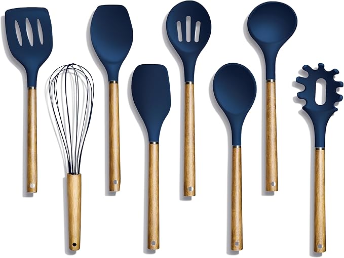 Country Kitchen Non Stick Silicone Utensil Set with Rounded Wood Handles for Cooking and Baking, 8 Piece Set, Navy by CountryKitchen