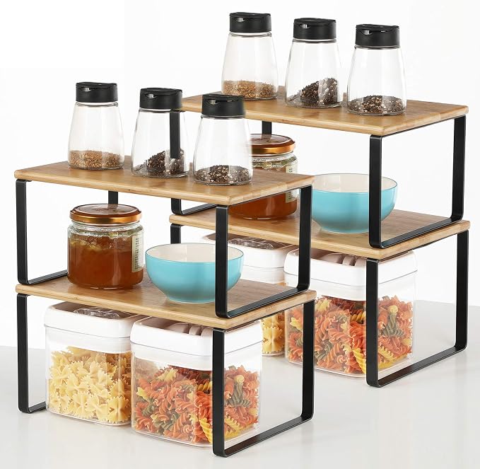 SONGMICS Set of 6 Cabinet Organizers, Shelf Organizers, Kitchen Organization, Kitchen Organizers and storage, Metal and Bamboo, Black and Natural UKCS02NB and UKCS10NB - Image 6