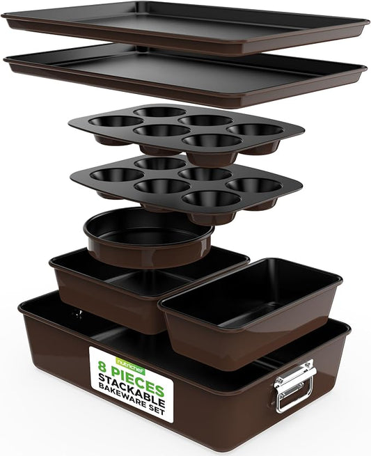 NutriChef 8-Piece Nonstick Stackable Bakeware Set – Non Toxic Carbon Steel Baking Trays W/Cookies Sheet Muffin, Loaf, Cake, Round & Square Pan – Easy To clean & Easy to Release, Oven Safe – Brown by NutriChef%E2%84%A2Kitchen