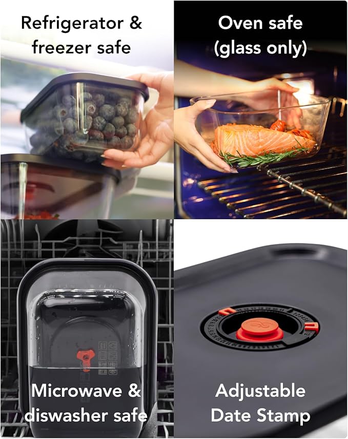 Vacuum Food Storage Container Set and Powerful Electric Vacuum Pump | With 4 borosilicate glass containers; keeps food fresh 5x longer; microwave, freezer & oven safe; BPA-free & stackable - Image 5