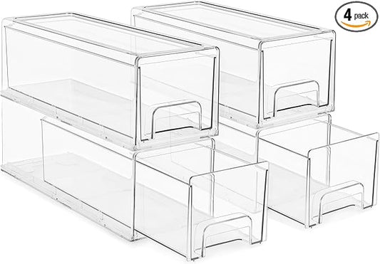 Sorbus Small Wide Clear Stackable Storage Drawers – 4-Pack Plastic Organizer Bins with Handles – Stackable Pull-Out Storage Drawers for Closet, Pantry, Office, Bathroom, Craft, and Toy Organization by Sorbus