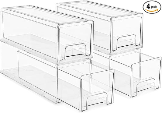 Sorbus Small Wide Clear Storage Drawers (4 Pack) – Stackable Pull-Out Storage Bins for Fridge, Pantry, and Cabinet Organization – Acrylic Drawer Organizers by Sorbus