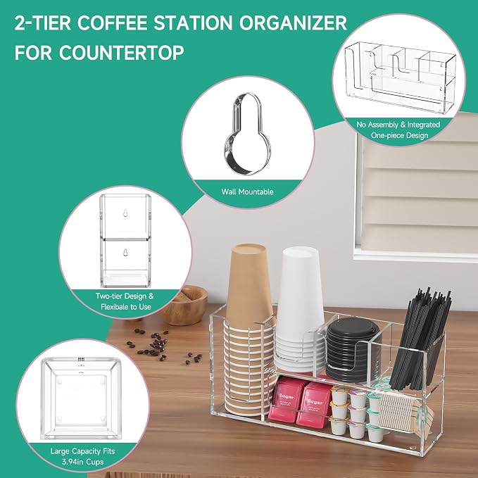 2-Tier Coffee Station Organizer for Countertop, 5 Compartments Clear Acrylic Cup and Lid Holder Tea Condiment Storage Upright Coffee Bar Organizer Pod Dispenser for Office Breakroom Home Kitchen - Image 4