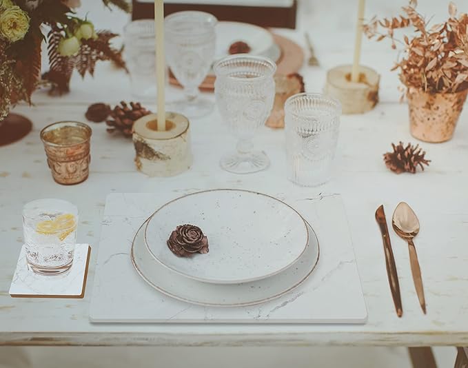 Set of 4 Heat Resistant Cork Placemats for Dining Table with Free Set of 4 Matching Drink Coasters Marble Design 16 x 12 Inches Cork Backed Hard Placemats (White Marble) - Image 8