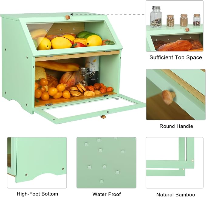 HOMEKOKO Double Layer Bread Boxes for Kitchen Countertop, Mint Green | Keeps Bread Fresh 3-4 Days, Large Capacity Fits 2+ Loaves, Suitable For Home Kitchen Food Storage Use, See-Through Window - Image 4