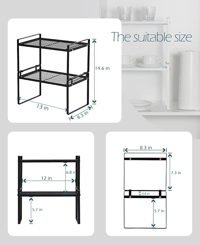 Shantton Cabinet Shelf Organizer, Pantry Shelf Rack, Black 13x8.3x7.3 | 2-Pack Stackable Metal Riser Holds 40LBS with Non-Slip Feet for Kitchen Pantry Bathroom Countertop Freezer Cupboard - Image 3
