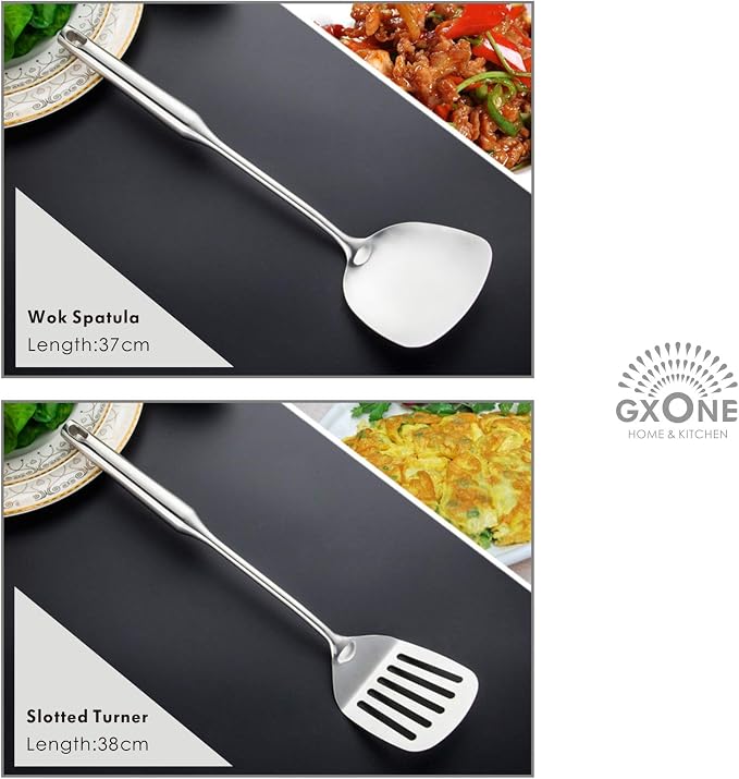 Cooking Utensils Set,6 PCS with Utensils Holder,304 Stainless Steel | Round handle,For kitchen cooking,Includes: wok spatula, soup ladle, slotted spoon, Spaghetti spoon, Utensils Holder - Image 2