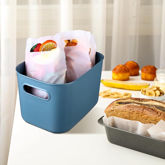 8 Pieces Colorful Storage Bins with Lid, Plastic Storage Basket Organizing Container Stackable Box with Handle for Shelves Desktop Playroom Office(16.1 x 12.0 x 9.7 Inch,Blue) - Image 5