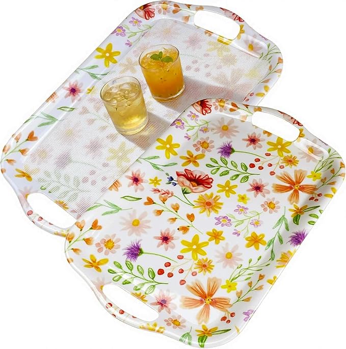 Extra Large Melamine Platters, Serving Tray with Handles for Cookie, Cupcakes, Desserts, Dishwasher Safe, Ottoman Tray Decor, Set of 2, 2 pcs Mats Included (Cottagecore Flower, 21''x14'') by BEESEBN