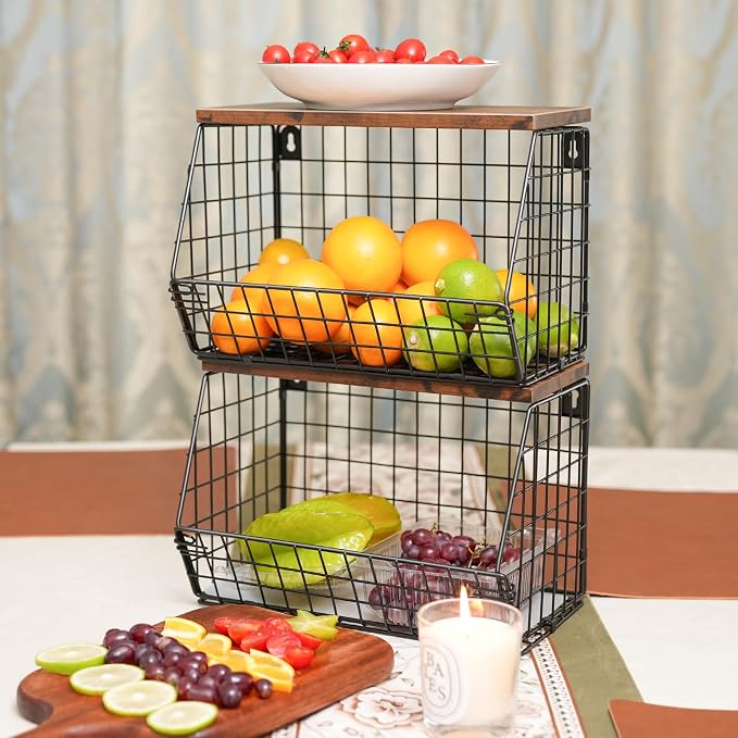 Mefirt Fruit Bowl, Stackable Wall Mounted Fruit Basket of Smooth Wood Lid with 4 Banana Hanger Hooks, Metal Kitchen Counter Organizer for Snack, Fruit and Vegetable Storage, 11.8 * 7.9 * 8.5 Inches - Image 8