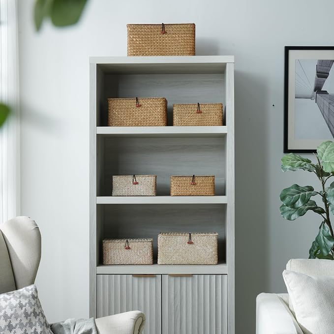 4 Pack, Wicker Baskets with Lids, Natural Seagrass Storage Baskets, Woven Rectangular Basket Bins, Rattan Storage Organizer for Shelf (Whitewashed, Set of 4) - Image 2