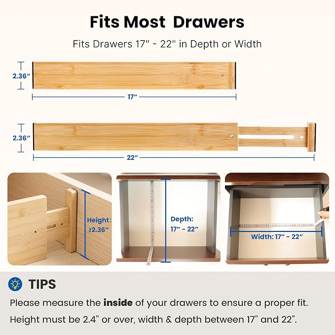 4 Pack 2.36" Bamboo Drawer Dividers, 17-22" Expandable Kitchen Organizers | Adjustable Spring-Loaded Tension Separators with Foam Pad for Clothes, Utensils, Kitchen, Dresser, Nursery & Bathroom - Image 2