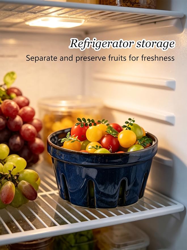 Gomakren Ceramic Berry Basket Set of 2, Fruit Bowl with Holes, Cobalt Blue | Drain Holes Keep Berries Fresh, Stackable Space-Saving, Dishwasher Safe, Versatile Fruit Serving & Farmhouse Kitchen Decor - Image 4