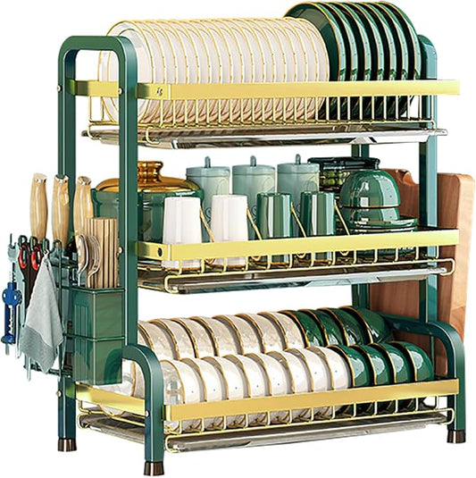 CAKERS Dish Drying Rack with Removable Drain Tray|Carbon Steel Dish Strainers for Kitchen Counter|Tableware Holder Dinnerware Drainer Organizer,Green-Gold,3 Tier(Extra Long)-Main Shelf with Set by CAKERS