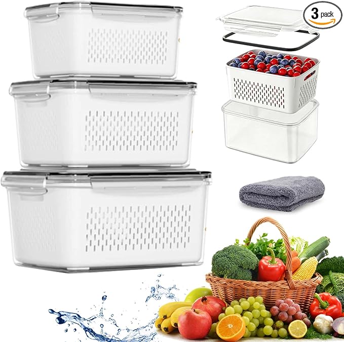 4 In 1 Food Storage Containers, Produce Storage Containers for Fridge, Fruit Storage Containers with Colander, Leakproof Fridge Organizer Bins for Salad Berry Vegetables Meat Keeper Fresh (S+M+L) by WarmCozyHome