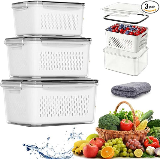 4 In 1 Food Storage Containers, Produce Storage Containers for Fridge, Fruit Storage Containers with Colander, Leakproof Fridge Organizer Bins for Salad Berry Vegetables Meat Keeper Fresh (S+M+L) by WarmCozyHome