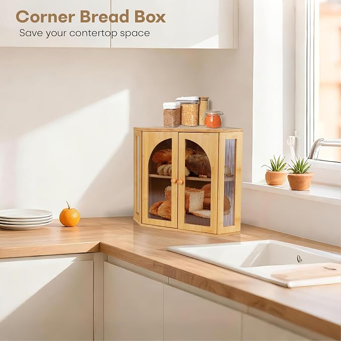 Corner Bread Box for Kitchen Countertop,Double Layer Bread Holder | 3 Adjustable Height, Large Capacity, Magnetic Acrylic Door, Bamboo Bread Storage Container for Homemade Bread, Natural - Image 4