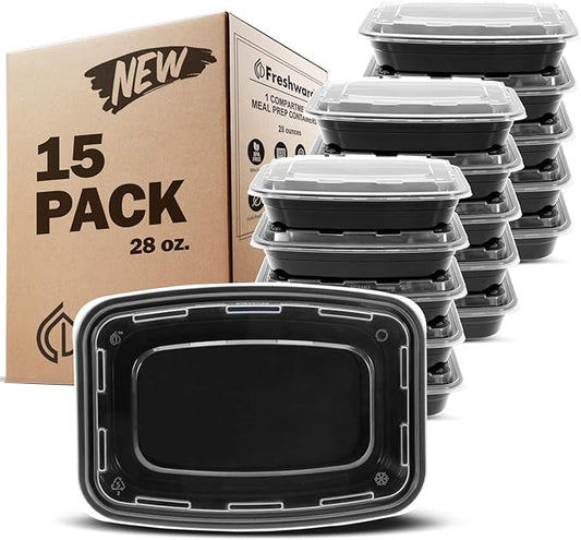 Freshware Meal Prep Containers 15 Count (Pack of 1) Compartment Food Storage Containers with Lids, Bento Box, BPA Free, Stackable, Microwave/Dishwasher/Freezer Safe (28 oz) (Color May Vary) by Freshware
