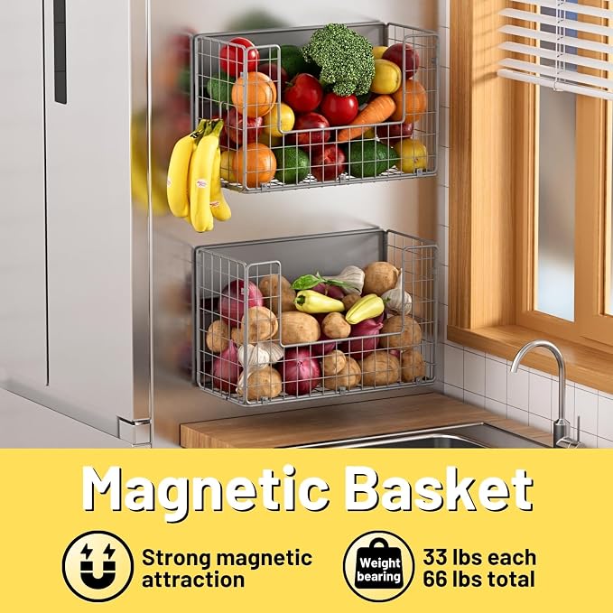 Magnetic Fridge Shelf, Fruit Potato & Onion Storage Bins, Pantry Organizers, Large Container Basket for Refrigerator, Kitchen Counter, Cabinet (1, Silver) - Image 2