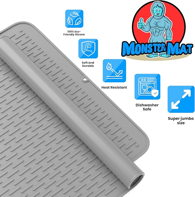Monster Mat Extra Large Silicone Dish Drying Mat (30"x24") – Heavy Duty & Fast-Drying Silicone Mat - Non-Slip XL Dish Drying Mat For Kitchen Counter - Gray - Image 5