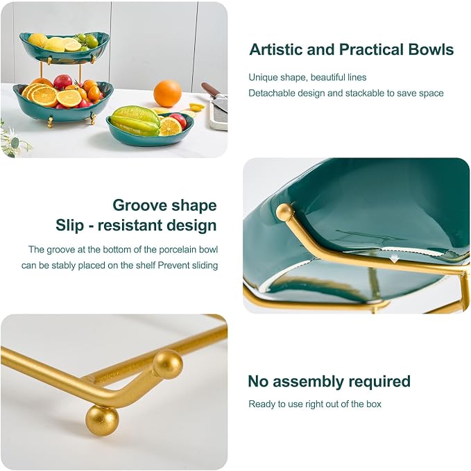 2 Tier Ceramic Fruit Bowl with Gold Metal Stand | Tiered Fruit Basket for Snacks, Nuts, Cake, Dessert (Dark Green) - Image 3