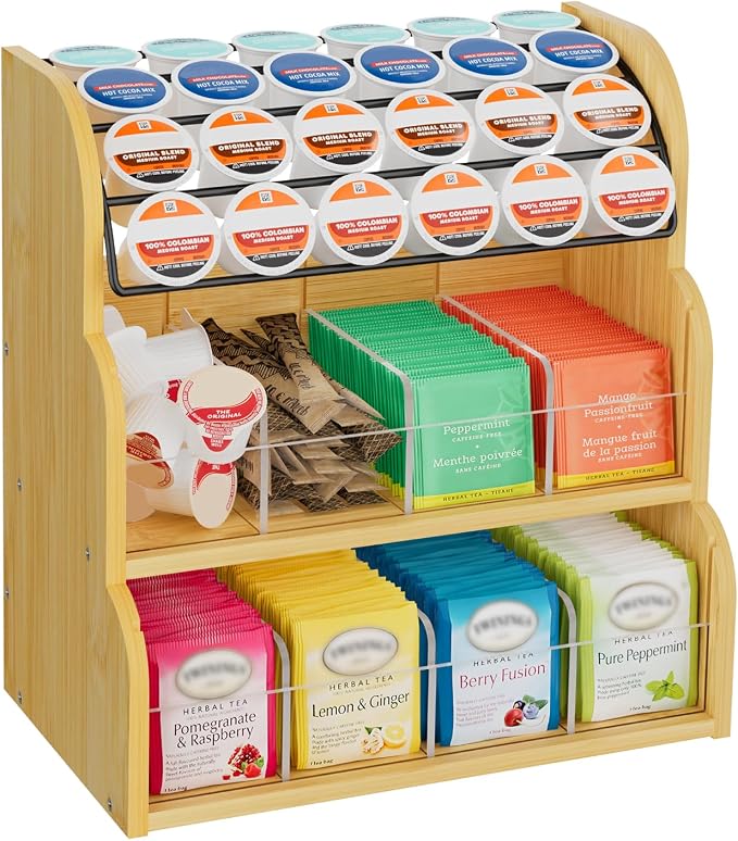 LASZOLA Bamboo Tea Bag and Coffee Holder Organizer for Cabinet Counter | 3 Tier Large Capacity, Vertical K Cup and Tea Packet Storage Rack, Sturdy Display Stand, Easy Assemble by LASZOLA