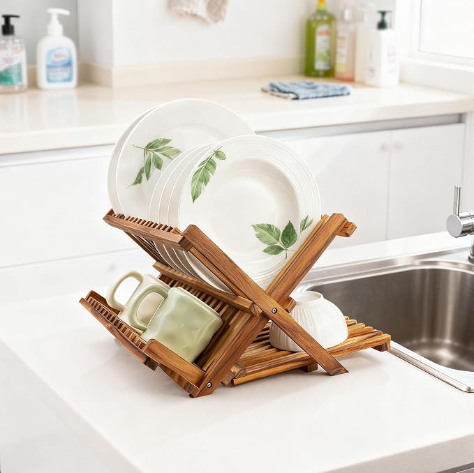Utoplike Teak Dish Drying Rack Collapsible, Large Dishes Draine 3 Tier | Foldable Large Capacity Dish Draine, Space-Saving Countertop Kitchen Organizer for Plates, Cups - Image 6