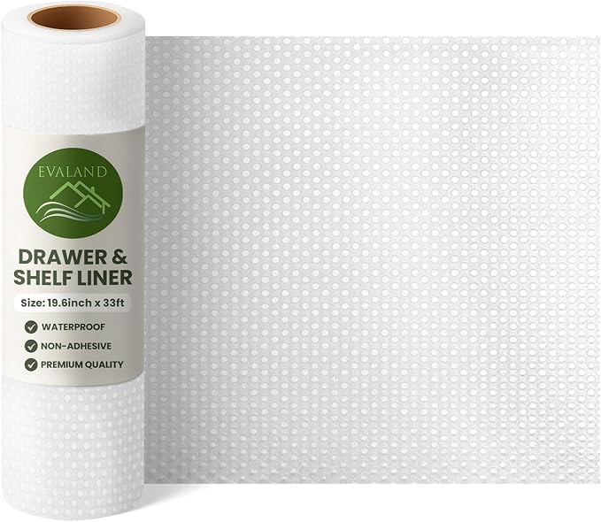 EVALAND Shelf Liner Cabinet Liner Non-Adhesive Drawer Liner 19.6 in x 33 FT | Non-Slip, Washable, Waterproof, Fridge Liners, Contact Paper, Shelf Liners for Cabinets, Kitchen, Refrigerator, Clear - Image 9