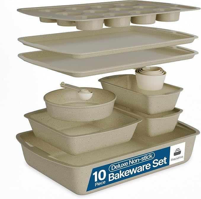 White Marble 10-Piece Bakeware Sets, Nonstick Carbon Steel Baking Sheet & Pans, Stackable Space-Saving Bakeware, Dishwasher Safe, Stain-resistant, PFOAPFOSPTFE Free, Oven Safe Up To 450°F (230°C) by Unknown