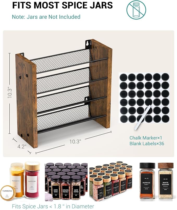 NESAPTO Spice Rack Organizer for Cabinet, Wood 4-Tier Vertical Seasoning Organizer, Wall Mount or Countertop Spice Shelf, Holds 20 Jars (No Jars Included), 10.3" W x 10.3" H - Image 2